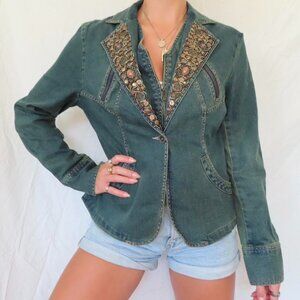 SEANDARA DENIM UNIQUE ZIP UP STRUCTURED JACKET BEADED BOHO SIZE MEDIUM
